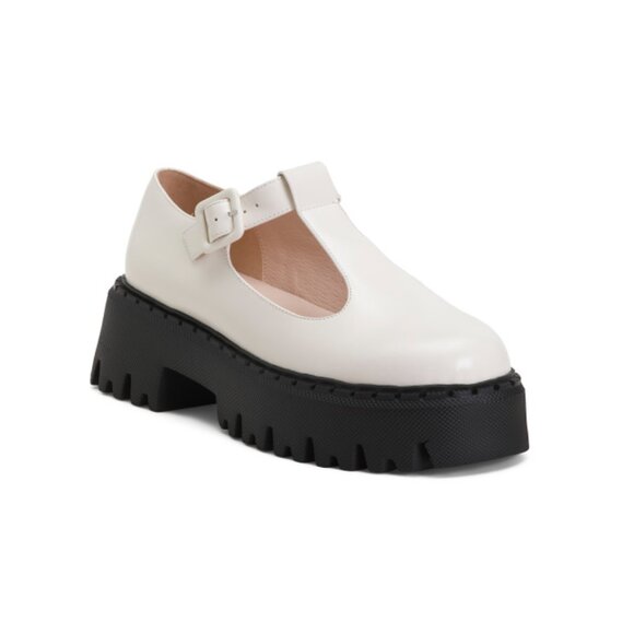 INTENTIONALLY BLANK cream Leather Pears Cutout Mary Jane Lug Sole Flats